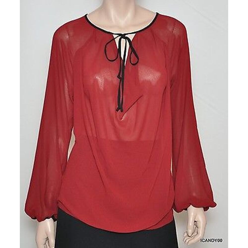 MAX STUDIO Sheer Blouson Sleeve Tie Neck Blouse Dress Top Tunic Garnet M Nwt $88